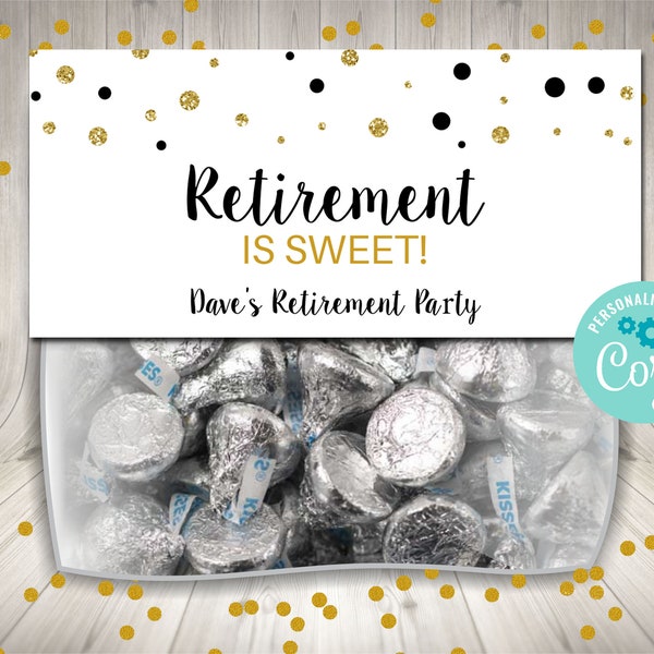 Retirement Treat Bag Toppers, Editable Confetti Treat Bag Favors, Black Gold Bag Topper, Party Favor, Printable Toppers, Instant Download