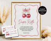 Cherries Diaper Raffle Tickets, Printable Baby Shower Game, Cherry Sweet Shower, Raffle Cards, Instant Download, Coquette Bow, Girl Shower