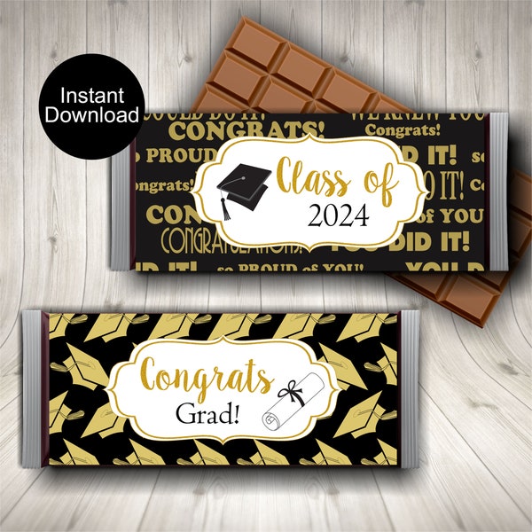 Graduation Candy Bar Wrapper, Black and Gold Chocolate Wrappers, Class of 2024 Party Favors, Printable Candy Labels, Instant Download