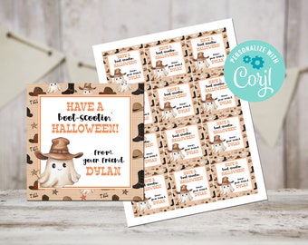 May include: A set of square Halloween gift tags featuring a cartoon ghost wearing a brown cowboy hat. The text reads HAVE A boot-scootin' HALLOWEEN! From, your friend, DYLAN. The border pattern includes small cowboy hats, boots, and stars.