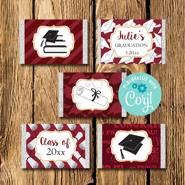 Editable Graduation Mini Candy Bar Wrappers, Maroon Gold Chocolate Wrapper, Class of 2024 Party Favors, Printable Candy Labels