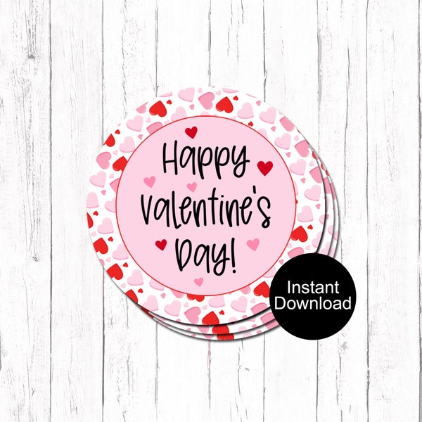 Printable Valentine's Day Cookie Tags, Red Pink Hearts Gift Tags, 2" Round Favor Tags, HVD Cookie Tags, Instant Download Gift Tags