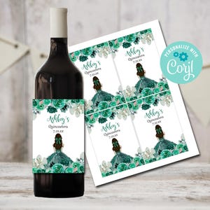Green Quinceanera Wine Bottle Labels, Quinceanera Wine Template, Printable Wine Label, Floral Quinceanera, Instant Download, Mis Quince