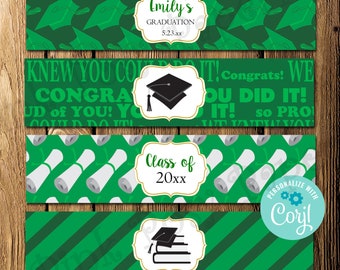 Editable Graduation Water Bottle Labels, Green Graduation Party Favors, Class of 2024, Printable Bottle Wrappers, Personalized Wrappers