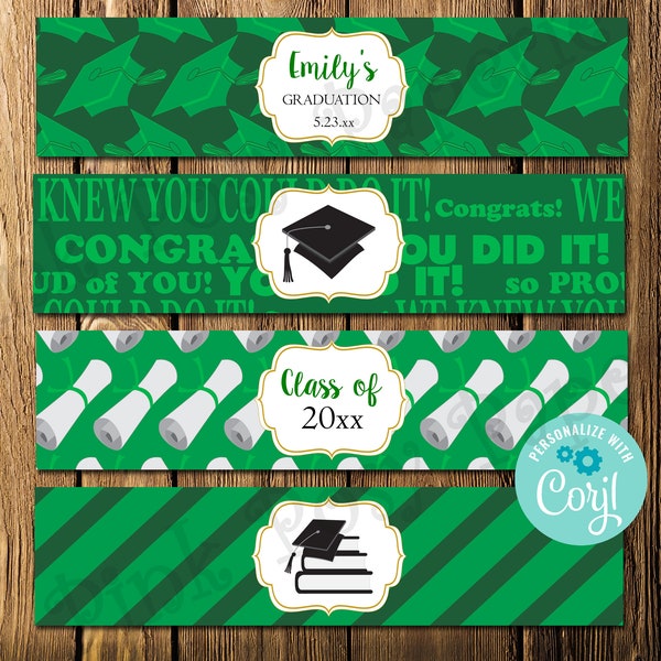 Editable Graduation Water Bottle Labels, Green Graduation Party Favors, Class of 2024, Printable Bottle Wrappers, Personalized Wrappers