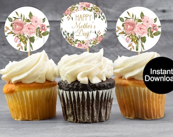 Mother's Day Cupcake Toppers. Pink Roses Cupcake Toppers, Pink Floral Favors, Mother's Day Tags, Printable Cupcake Toppers, Instant Download