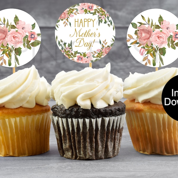 Mother's Day Cupcake Toppers. Pink Roses Cupcake Toppers, Pink Floral Favors, Mother's Day Tags, Printable Cupcake Toppers, Instant Download