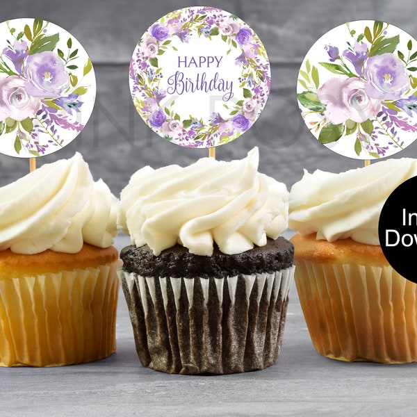 Birthday Cupcake Toppers. Lavender Floral Cupcake Toppers, Birthday Party Favors, Printable Cupcake Toppers, Instant Download, Purple Floral