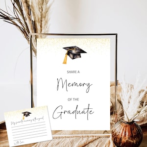Letrero con el recuerdo favorito del graduado, recuerdos de graduación, compartir una tarjeta de recuerdo, juego de fiesta de graduación, tarjeta de recuerdo favorita, negro y dorado
