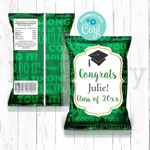 Editable Graduation Chip Bag, Class of 2024 Chip Bag, Graduation Treats, Graduation Favors, Green Theme, Instant Download