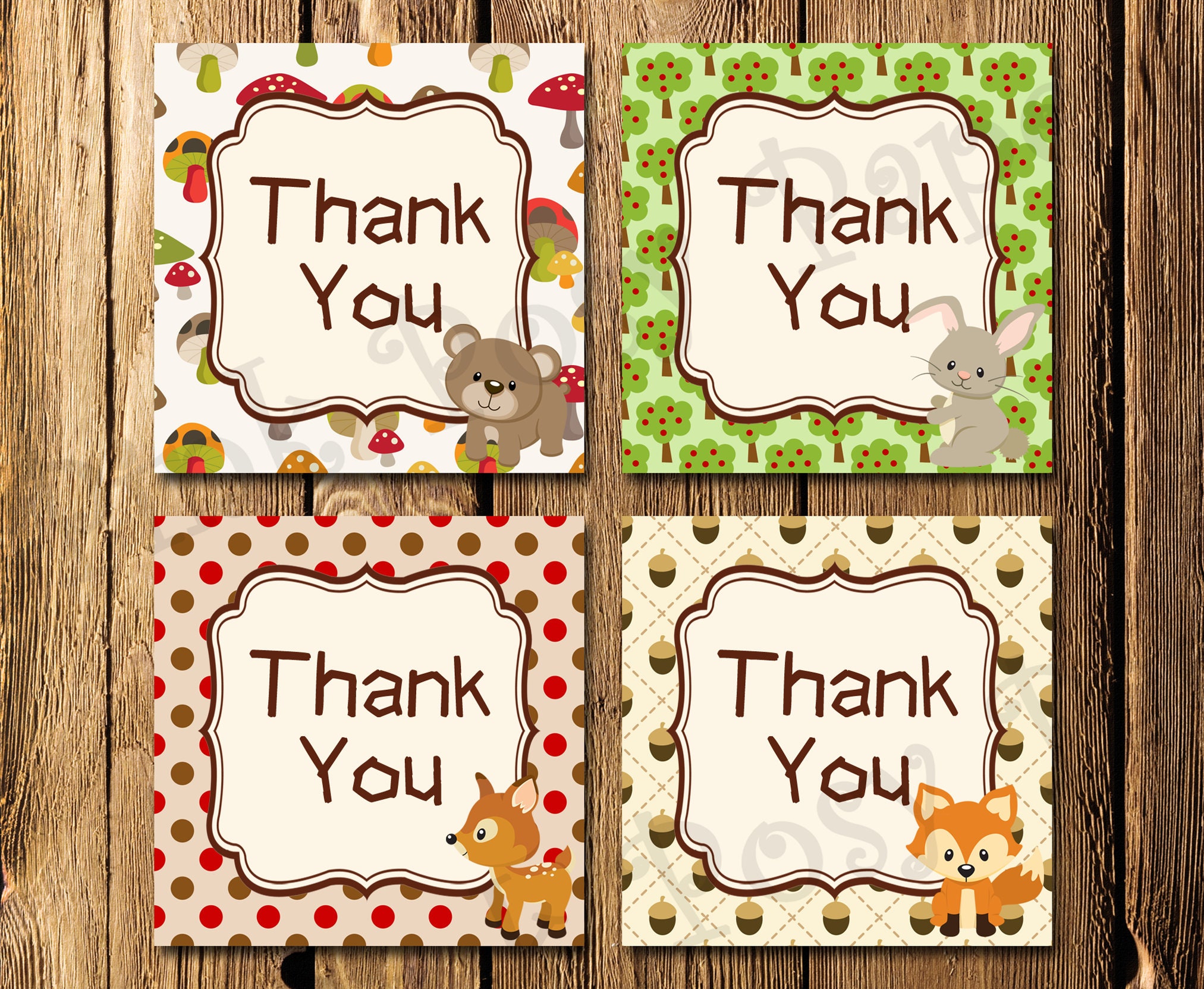 printable woodland animals birthday thank you tags instant etsy