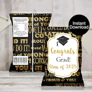 Torebka na chipsy na ukończenie szkoły, Torebki na chipsy klasy 2025, Smakołyki na ukończenie szkoły, Upominki na ukończenie szkoły, Motyw Black Gold, Natychmiastowe pobieranie opakowań na torebki na chipsy