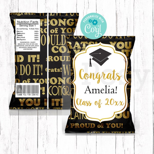 Editable Graduation Chip Bag, Class of 2024 Chip Bag, Graduation Treats, Graduation Favors, Black Gold Theme, Printable Chip Bag Wrappers