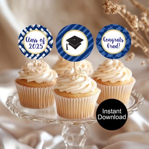 Navy Blue Graduation Cupcake Toppers, Navy Graduation Decor, Class of 2025, Printable Cupcake Picks, Grad Party, Instant Download