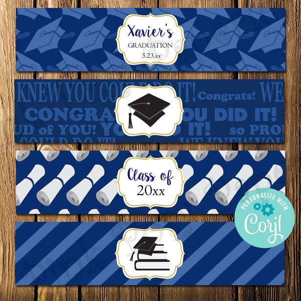 Editable Graduation Water Bottle Labels, Navy Blue Graduation Party Favors, Class of 2024, Printable Bottle Wrappers, Personalized Wrappers