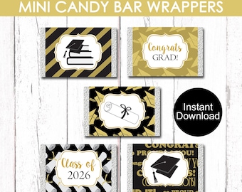 Afstuderen mini candybar wrappers, zwarte en gouden chocolade wrappers, klasse van 2026 feestartikelen, afdrukbare snoeplabels, direct downloaden