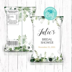 Bridal Shower Chip Bags, Wedding Shower Favors, Bridal Treats, Editable Bridal Shower , Greenery Chip Bags, Printable Chip Bag Wrapper