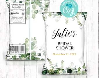 Bridal Shower Chip Bags, Wedding Shower Favors, Bridal Treats, Editable Bridal Shower , Greenery Chip Bags, Printable Chip Bag Wrapper