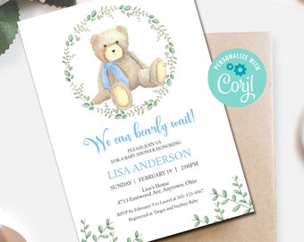 We Can Bearly Wait Invitation, Teddy Baby Shower Invite, Printable Invitation, Blue Bear Invitation, Boy Shower Invite, Instant Download