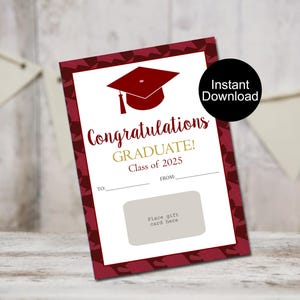 Porta carte regalo di laurea, porta carte regalo stampabile, biglietto di laurea universitario, biglietto di laurea delle superiori, biglietto regalo di congratulazioni color bordeaux