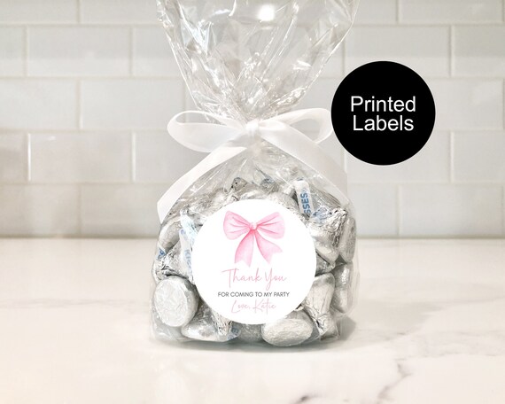 Pink Bow Birthday Favor Stickers, 21st Birthday, Favors for Guests, Coquette Theme, Ballet Core, Watercolor Ribbon, Preppy