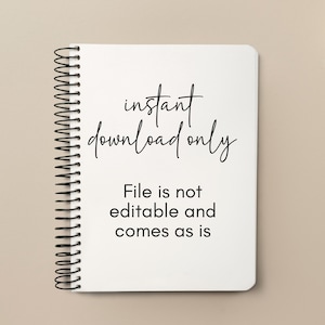 Puede incluir: Un cuaderno blanco con espiral con el texto "solo descarga instant&aacute;nea". Debajo, el texto dice "El archivo no es editable y viene tal cual". El cuaderno est&aacute; sobre un fondo neutro.
