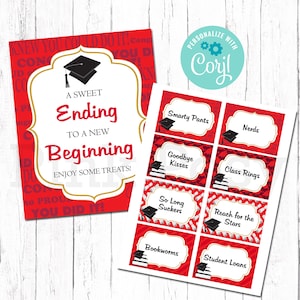 Bearbeitbare Abschluss-Süßigkeitsetiketten, Candy Bar, Candy Buffet, rotes Thema, Grad Party, druckbares Schild, Sofortiger Download, Klasse 2023