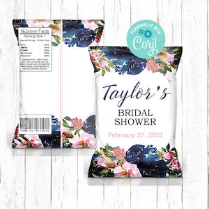 Bridal Shower Chip Bag, Bridal Shower Favors, Shower Treats, Editable Chip Bag, Navy Pink Floral Chip Bag, Printable Chip Bag Wrapper