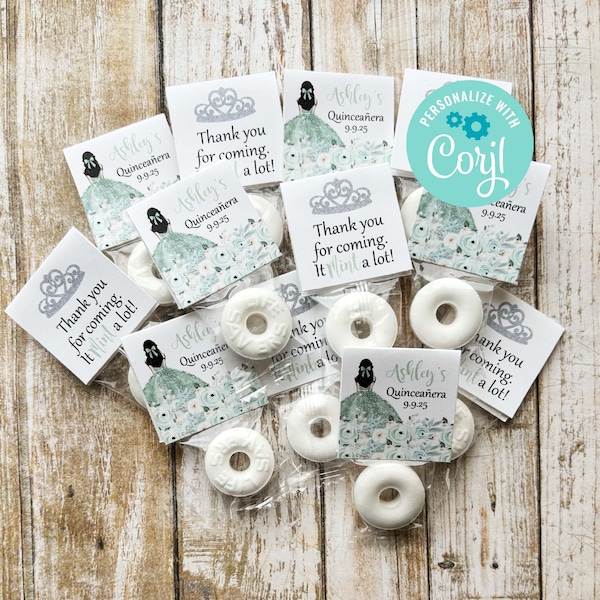 Quinceanera Mint Favors, 15th Birthday Favors, Quinceanera Party Favors, Mis Quince, Sage Green Floral Tags, Editable Mint Toppers, Sweet 16