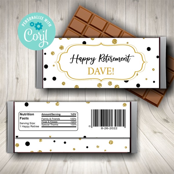 Editable Retirement Candy Bar Wrapper, Retirement Favors, Candy Label Printable, Black and Gold Dot Printable, Birthday Party Favors