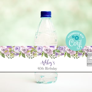 Birthday Water Bottle Labels, Editable Lavender Floral Bottle Wrappers, Birthday Party Favors, Instant Download, Printable Bottle Wrapper