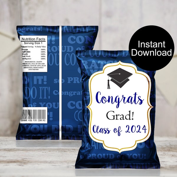 Graduation Chip Bag, Class of 2024 Chip Bags, Graduation Treats, Graduation Favors, Navy Blue Theme, Instant Download Chip Bag Wrappers