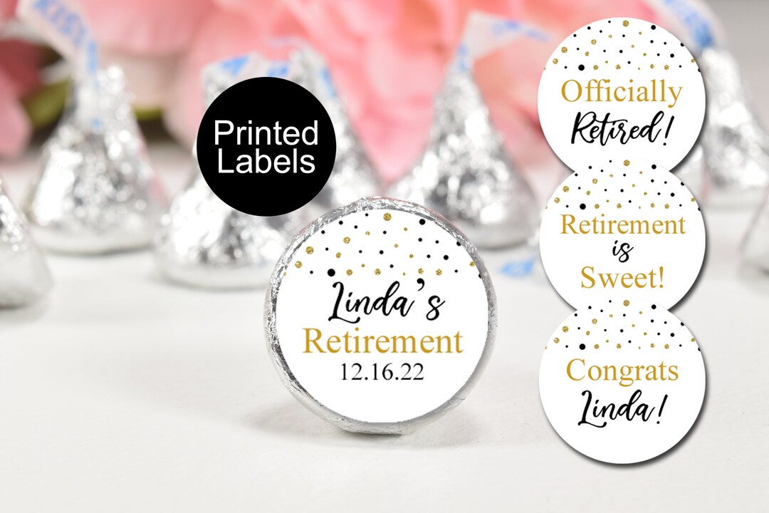 Retirement Kiss Labels, Black and Gold Retirement, Retirement Stickers ...