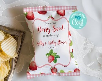 Baby Shower Chip Bag, Editable Strawberry Bag, Baby Girl Shower, Berry Sweet Shower, Baby Shower Favor, Chip Wrapper, Strawberries Theme