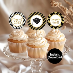 Black Gold Graduation Cupcake Toppers, Black Graduation Decor, Class of 2025, Printable Cupcake Picks, Grad Party, Instant Download