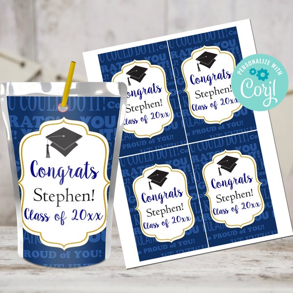 Editable Graduation Juice Pouch Labels, Class of 2024, Graduation Party Favors, Navy Gold Favors, Printable Juice Wrapper, Instant Download