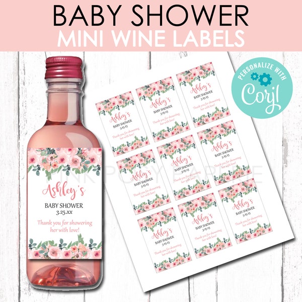 Baby Shower Mini Wine Labels, Baby Shower Wine Template, Printable Wine Label, Girl Baby Shower Favors, Instant Download, Pink Floral Labels