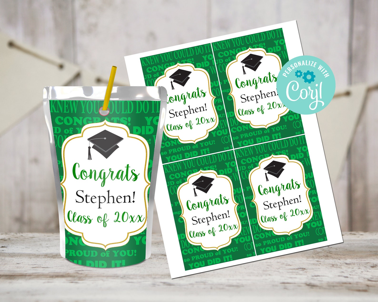 Green Graduation Juice Pouch Labels, Class of 2026, Graduation Party ...