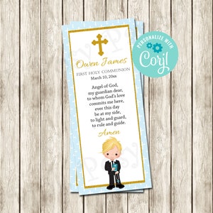 Erstkommunion Jungen Gebetskarte, Erstkommunion Gastgeschenk, druckbare Gebetskarte, Blau Gold Lesezeichen, Gebet Lesezeichen, Direkter Download