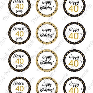 Birthday Cupcake Toppers, 40th Birthday Cupcake Toppers, Black and Gold ...