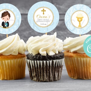 First Communion Cupcake Toppers, Communion Favors, Editable Cupcake Toppers, Boy Communion Cupcake Toppers, Personalized Cupcake Toppers