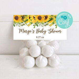 Solros babyshowerpåsdekorationer, redigerbara godispåsdekorationer, gul blommig påsdekoration, flicka babyshower, utskrivbar topper, direktnedladdning