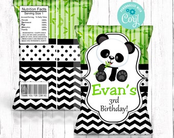 May include: Black and white panda bear party favor bag with green bamboo and chevron patterns. The bag says "Evan's 3rd Birthday!" and has a nutrition facts label that says "Friends, Excitement, Fun, Memories, Family 100%".