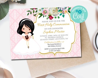 Editable Girl Communion Invitation, First Holy Communion Invite, Invitation Template,  Pink Floral Communion Invite, Printable Invite