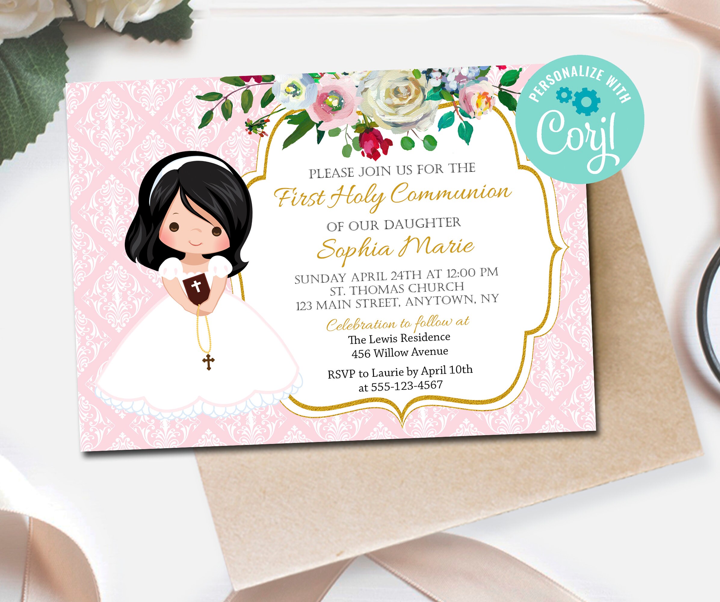 Editable Girl Communion Invitation, First Holy Communion Invite, Invitation Template,  Pink Floral Communion Invite, Printable Invite