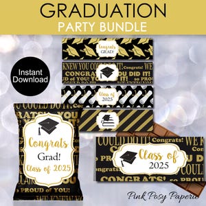 Graduation Favor Bundle, Class of 2025, Graduation Treats, Chip Bag, Bottle Wrappers, Candy Bar Wrappers, Instant Download, Black Gold Theme