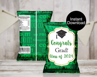 Graduation Chip Bag, Class of 2024 Chip Bags, Graduation Treats, Graduation Favors, Green Theme, Instant Download Chip Bag Wrappers