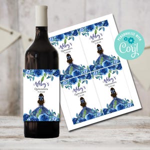 Quinceanera Wine Bottle Labels, Quinceanera Wine Template, Printable Wine Label, Blue Floral Quinceanera, Instant Download, Mis Quince