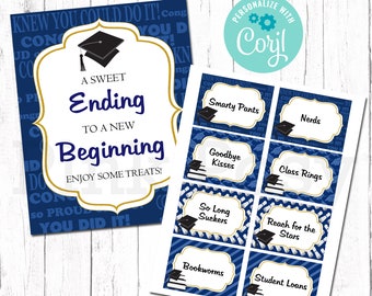 Editable Graduation Candy Labels, Candy Bar, Candy Buffet, Navy Blue Theme, Grad Party, Printable Sign, Instant Download, Class of 2024