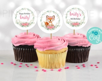 Birthday Cupcake Toppers, Editable Fox Cupcake Toppers, Woodland Birthday, Pink Printable Cupcake Toppers, Instant Download, Girl Birthday